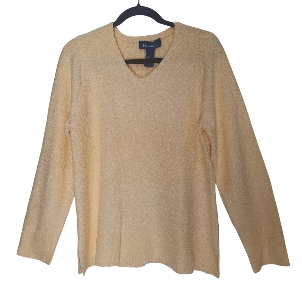 Denim & Co. V-Neck Sweater Women Medium Yellow Bouclé Knit Long Sleeve Slit Hem